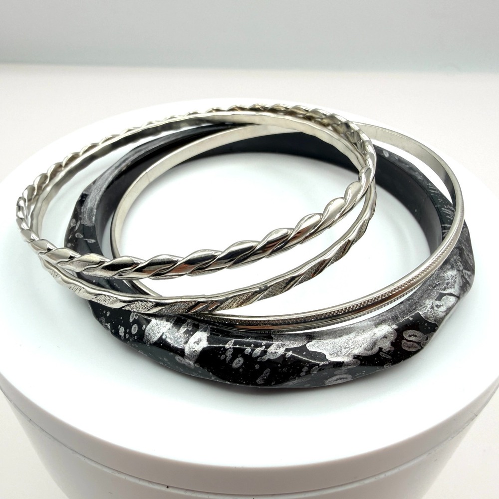 Vintage Silver Tone Stackable Bangle Bracelet Lot - 5 Textured Twisted